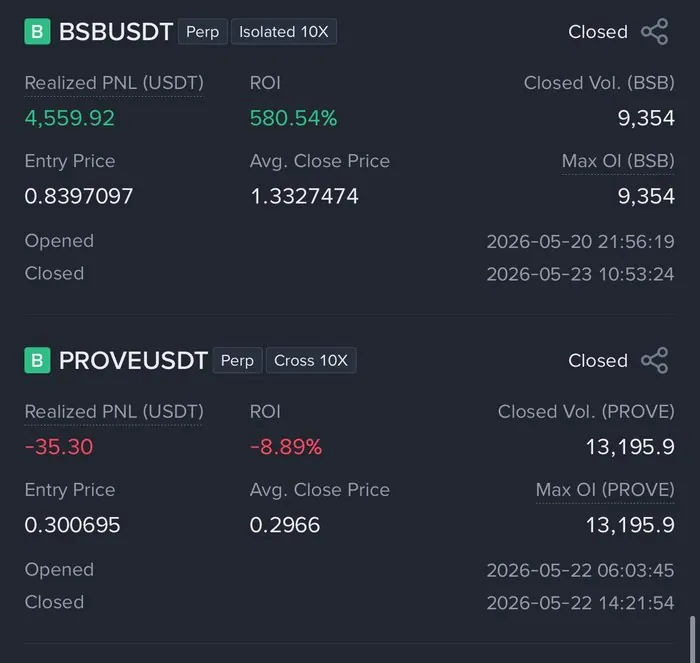 Two closed positions from position history: BSBUSDT a win, PROVEUSDT a loss